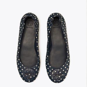 TORY BURCH NAPPA LEATHER TRAVEL BALLET FLATS CLASSIC NAVY DOTS SIZE 8.5